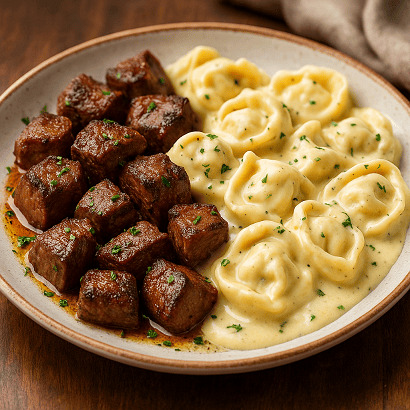 Garlic Butter Steak Bites & Alfredo Tortellini