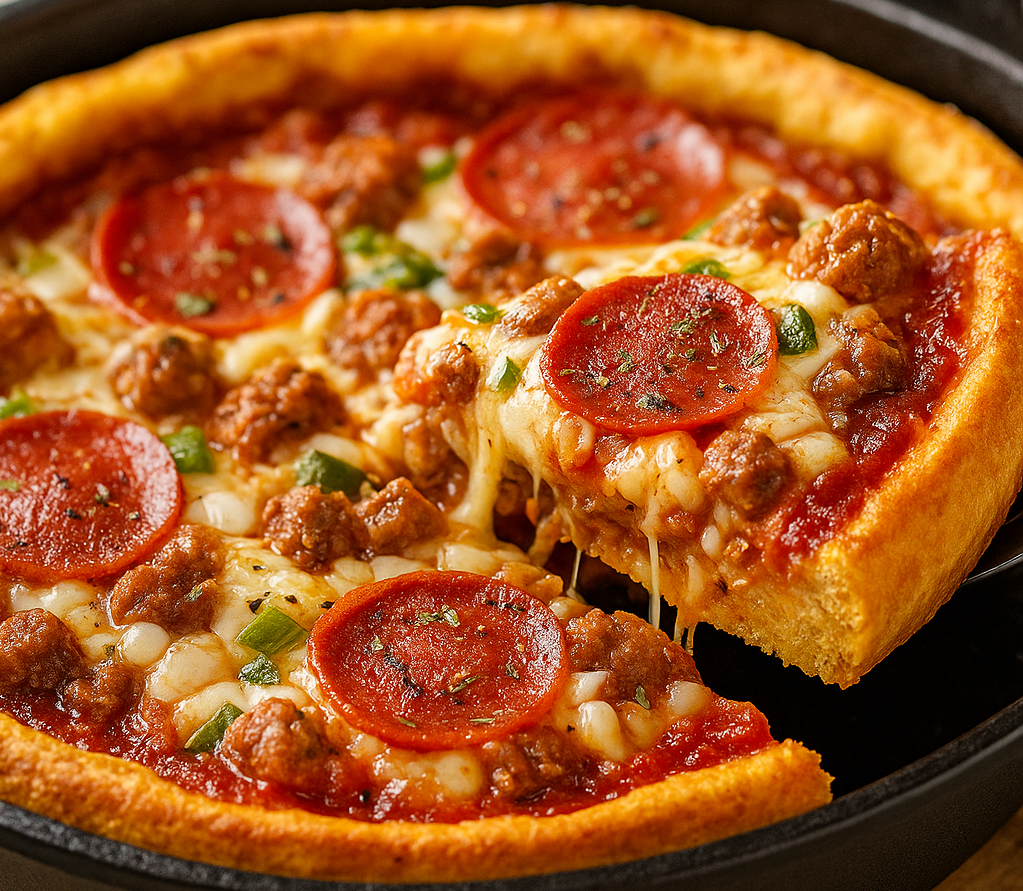 Keto Chicago Deep Dish Pizza served hot in a skillet